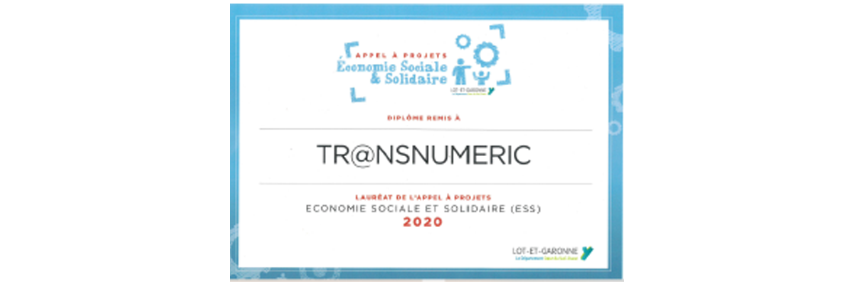 Tr@nsnumeric lauréat Economie Sociale et Solidaire 2020